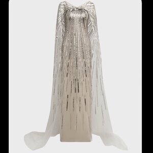 Pamella Roland Silver Sequined Gown with Sheer Cape